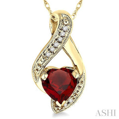 7 MM Heart Shape Garnet and 1/20 Ctw Round Cut Diamond Semi-Precious Pendant in 14K Yellow Gold with Chain