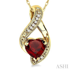 7 MM Heart Shape Garnet and 1/20 ctw Single Cut Diamond Semi Precious Pendant in 14K Yellow Gold with Chain