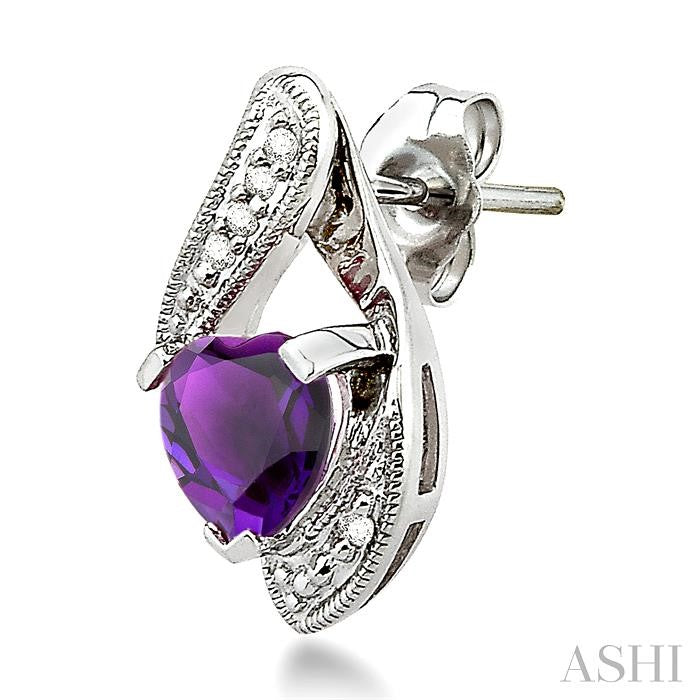6 MM Heart Shape Amethyst and 1/20 Ctw Single Cut Diamond Semi-Precious Earrings in 10K White Gold