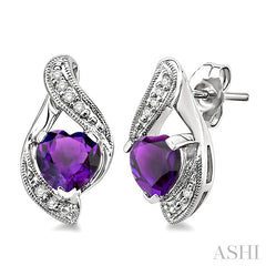 6 MM Heart Shape Amethyst and 1/20 Ctw Round Cut Diamond Semi-Precious Earrings in 10K White Gold
