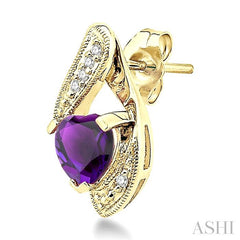 6x6 MM Heart Shape Amethyst and 1/20 Ctw Single Cut Diamond Semi-Precious Earrings in 10K Yellow Gold