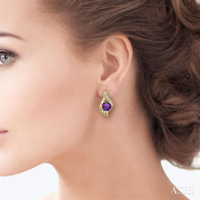 6x6 MM Heart Shape Amethyst and 1/20 Ctw Single Cut Diamond Semi-Precious Earrings in 10K Yellow Gold