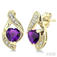 6x6 MM Heart Shape Amethyst and 1/20 Ctw Single Cut Diamond Semi-Precious Earrings in 10K Yellow Gold
