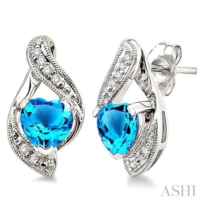 6x6 MM Heart Shape Blue Topaz and 1/20 Ctw Single Cut Diamond Semi-Precious Earrings in 10K White Gold