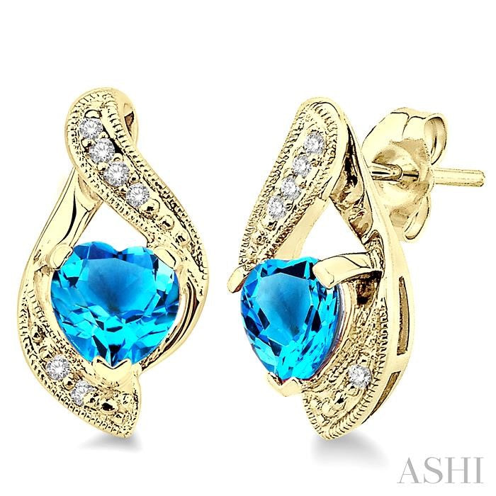 6x6 MM Heart Shape Blue Topaz and 1/20 Ctw Single Cut Diamond Semi-Precious Earrings in 10K Yellow Gold