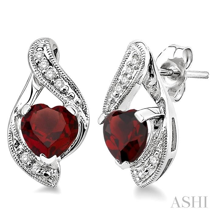 6x6 MM Heart Shape Garnet and 1/20 Ctw Single Cut Diamond Semi-Precious Earrings in 10K White Gold