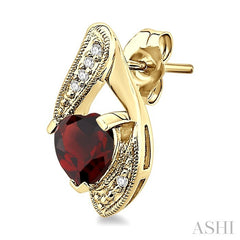 6x6 MM Heart Shape Garnet and 1/20 Ctw Round Cut Diamond Semi-Precious Earrings in 10K Yellow Gold