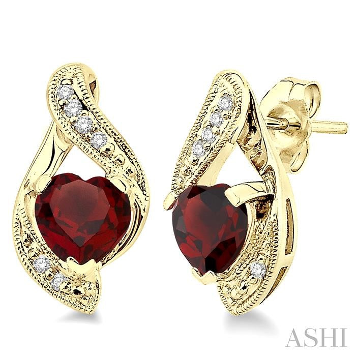 6x6 MM Heart Shape Garnet and 1/20 Ctw Single Cut Diamond Semi-Precious Earrings in 10K Yellow Gold