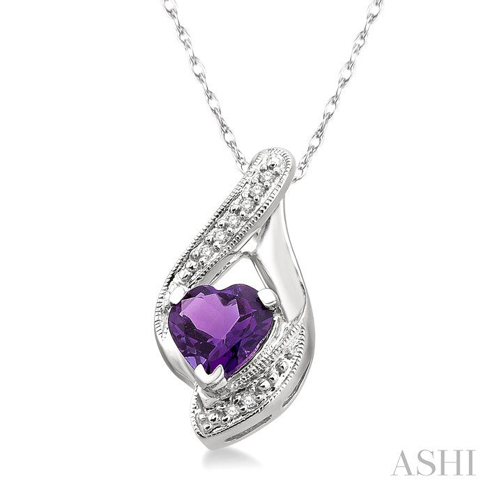 7 MM Heart Shape Amethyst and 1/20 Ctw Round Cut Diamond Semi-Precious Pendant in 10K White Gold with Chain