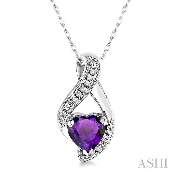 7 MM Heart Shape Amethyst and 1/20 Ctw Round Cut Diamond Semi-Precious Pendant in 10K White Gold with Chain