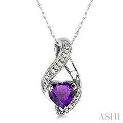 7 MM Heart Shape Amethyst and 1/20 ctw Single Cut Diamond Semi Precious Pendant in 10K White Gold with Chain