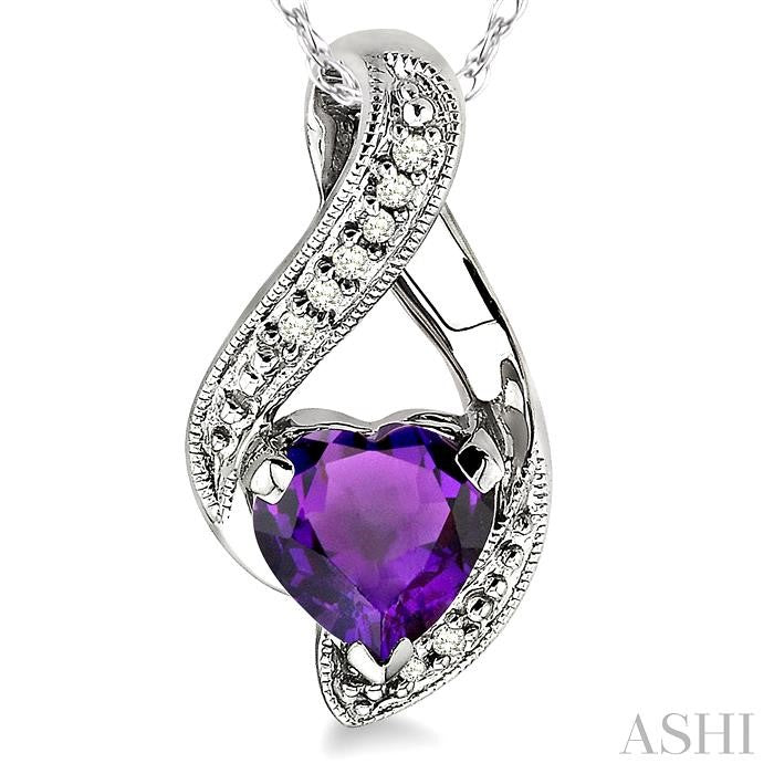 7 MM Heart Shape Amethyst and 1/20 ctw Single Cut Diamond Semi Precious Pendant in 10K White Gold with Chain