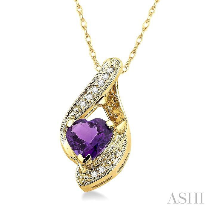 7x7 MM Heart Shape Amethyst and 1/20 ctw Single Cut Diamond Semi Precious Pendant in 10K Yellow Gold with Chain