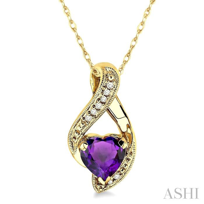 7x7 MM Heart Shape Amethyst and 1/20 Ctw Round Cut Diamond Semi-Precious Pendant in 10K Yellow Gold with Chain
