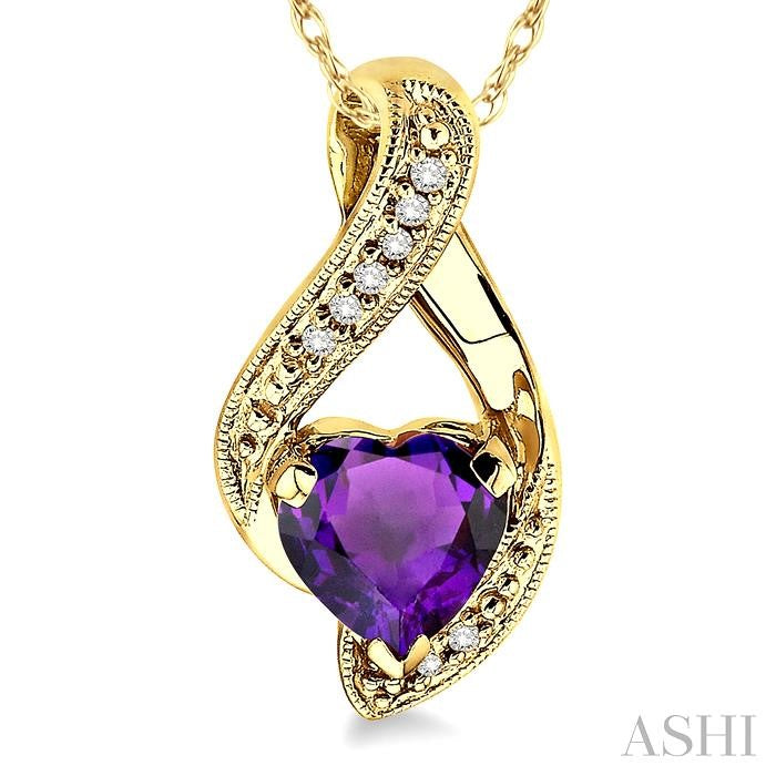 7x7 MM Heart Shape Amethyst and 1/20 ctw Single Cut Diamond Semi Precious Pendant in 10K Yellow Gold with Chain