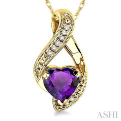 7x7 MM Heart Shape Amethyst and 1/20 Ctw Round Cut Diamond Semi-Precious Pendant in 10K Yellow Gold with Chain