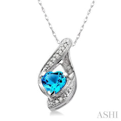 7x7 MM Heart Shape Blue Topaz and 1/20 ctw Single Cut Diamond Semi Precious Pendant in 10K White Gold with Chain