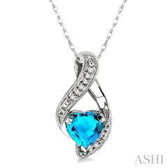 7x7 MM Heart Shape Blue Topaz and 1/20 ctw Single Cut Diamond Semi Precious Pendant in 10K White Gold with Chain