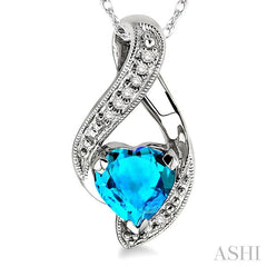 7x7 MM Heart Shape Blue Topaz and 1/20 ctw Single Cut Diamond Semi Precious Pendant in 10K White Gold with Chain