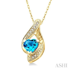 7 MM Heart Shape Blue Topaz and 1/20 Ctw Round Cut Diamond Semi-Precious Pendant in 10K Yellow Gold with Chain