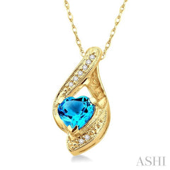7 MM Heart Shape Blue Topaz and 1/20 ctw Single Cut Diamond Semi Precious Pendant in 10K Yellow Gold with Chain