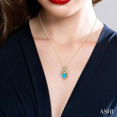 7 MM Heart Shape Blue Topaz and 1/20 ctw Single Cut Diamond Semi Precious Pendant in 10K Yellow Gold with Chain