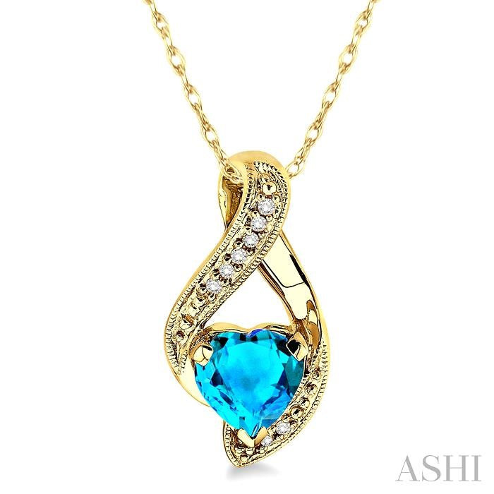 7 MM Heart Shape Blue Topaz and 1/20 ctw Single Cut Diamond Semi Precious Pendant in 10K Yellow Gold with Chain