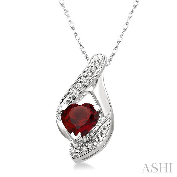 7x7 MM Heart Shape Garnet and 1/20 Ctw Round Cut Diamond Semi-Precious Pendant in 10K White Gold with Chain