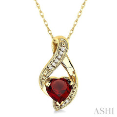 7x7 MM Heart Shape Garnet and 1/20 ctw Single Cut Diamond Semi Precious Pendant in 10K Yellow Gold with Chain