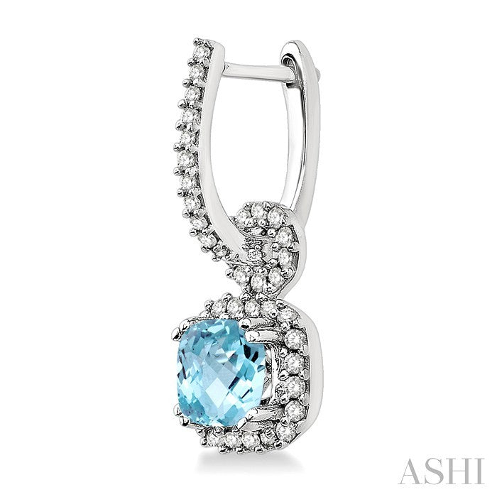 6 MM Cushion Shape Aquamarine and 1/2 Ctw Round Cut Diamond Earrings in 14K White Gold