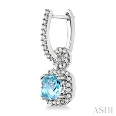 6 MM Cushion Shape Aquamarine and 1/2 Ctw Round Cut Diamond Earrings in 14K White Gold