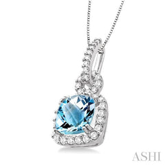 7 MM Cushion Shape Aquamarine and 3/8 ctw Round Cut Diamond Pendant in 14K White Gold with Chain