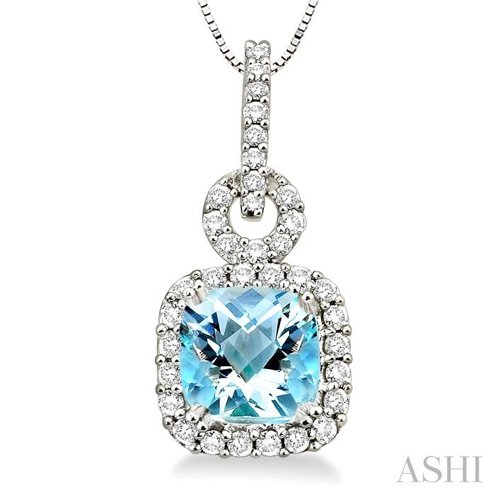 7 MM Cushion Shape Aquamarine and 3/8 ctw Round Cut Diamond Pendant in 14K White Gold with Chain