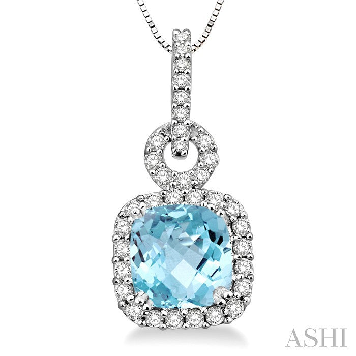 7 MM Cushion Shape Aquamarine and 3/8 Ctw Round Cut Diamond Pendant in 14K White Gold with Chain