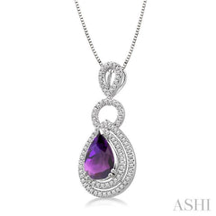 10x7 MM Pear Shape Amethyst and 1/3 Ctw Round Cut Diamond Semi-Precious Pendant in 14K White Gold with Chain