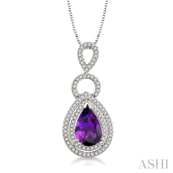10x7 MM Pear Shape Amethyst and 1/3 Ctw Round Cut Diamond Semi-Precious Pendant in 14K White Gold with Chain