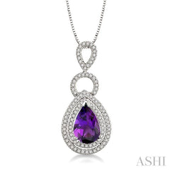 10x7 MM Pear Shape Amethyst and 1/3 Ctw Round Cut Diamond Semi-Precious Pendant in 14K White Gold with Chain