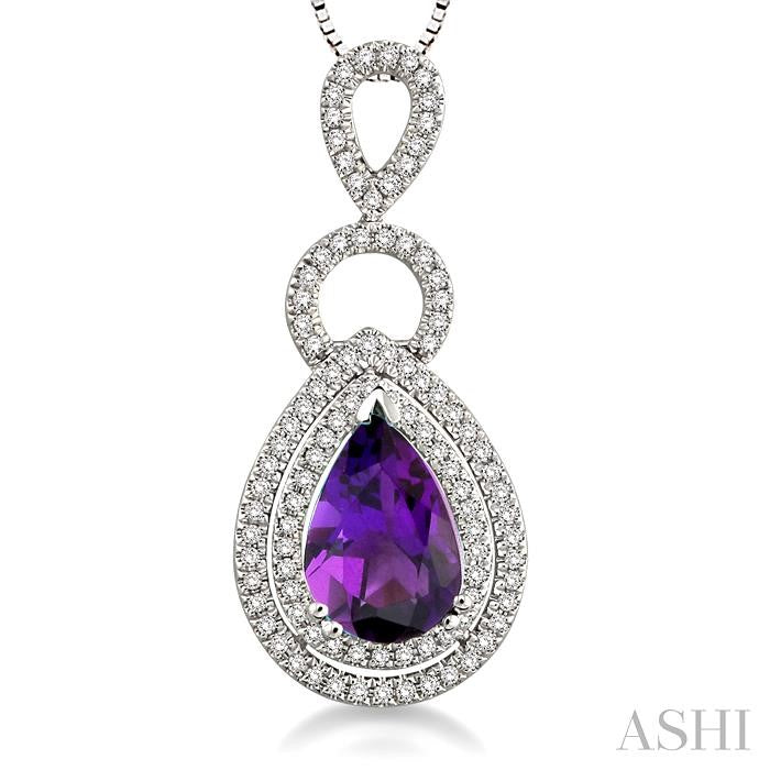 10x7 MM Pear Shape Amethyst and 1/3 Ctw Round Cut Diamond Semi-Precious Pendant in 14K White Gold with Chain