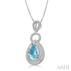 10x7 MM Pear Shape Aquamarine and 1/3 Ctw Round Cut Diamond Semi-Precious Pendant in 14K White Gold with Chain