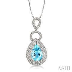 10x7 MM Pear Shape Aquamarine and 1/3 ctw Round Cut Diamond Semi Precious Pendant in 14K White Gold with Chain