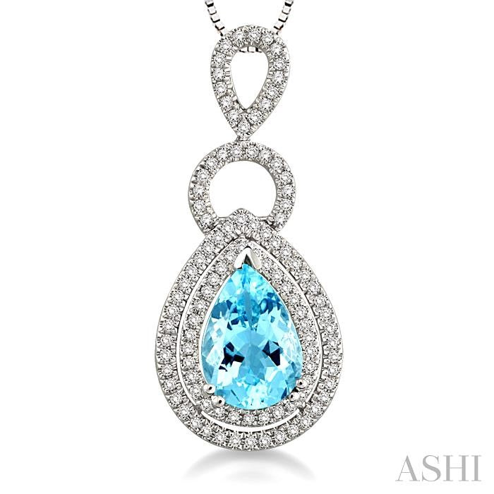 10x7 MM Pear Shape Aquamarine and 1/3 Ctw Round Cut Diamond Semi-Precious Pendant in 14K White Gold with Chain