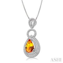 10x7 MM Pear Shape Citrine and 1/3 Ctw Round Cut Diamond Semi-Precious Pendant in 14K White Gold with Chain