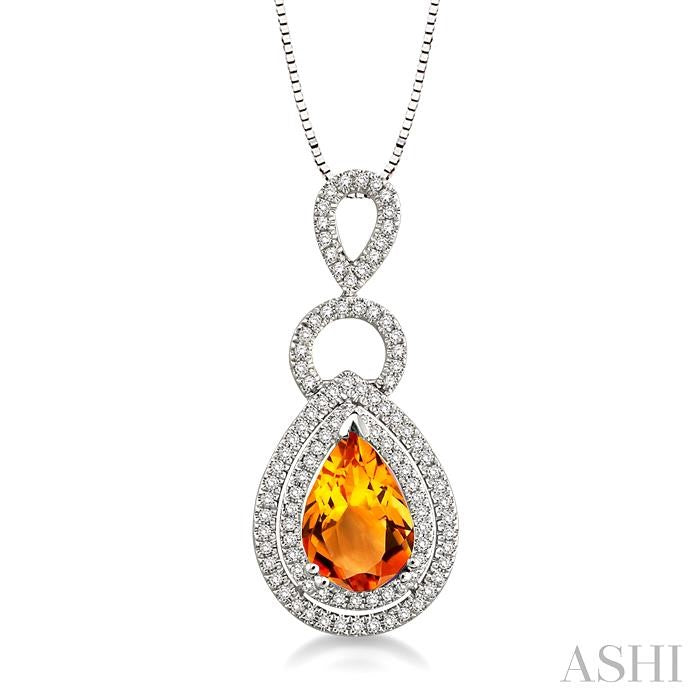 10x7 MM Pear Shape Citrine and 1/3 Ctw Round Cut Diamond Semi-Precious Pendant in 14K White Gold with Chain