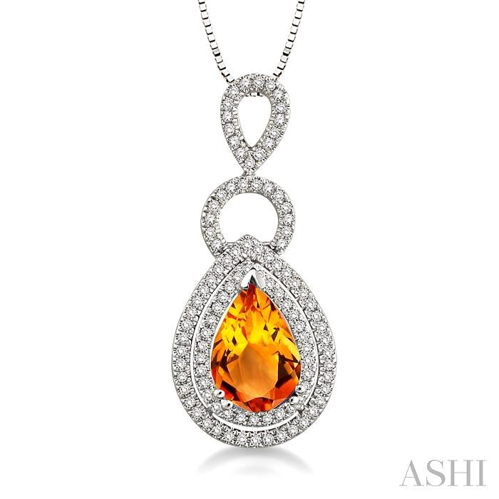 10x7 MM Pear Shape Citrine and 1/3 Ctw Round Cut Diamond Semi-Precious Pendant in 14K White Gold with Chain