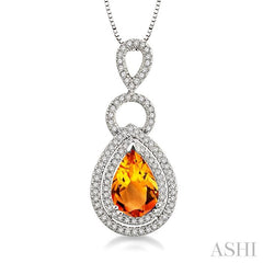 10x7 MM Pear Shape Citrine and 1/3 Ctw Round Cut Diamond Semi-Precious Pendant in 14K White Gold with Chain