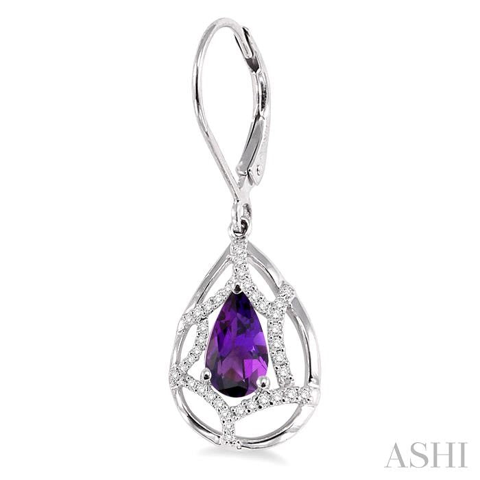 8x5 MM Pear Shape Amethyst and 1/4 Ctw Round Cut Diamond Semi-Precious Earrings in 14K White Gold