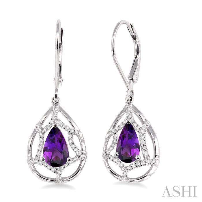 8x5 MM Pear Shape Amethyst and 1/4 Ctw Round Cut Diamond Semi-Precious Earrings in 14K White Gold