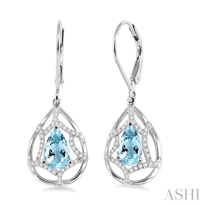 8x5 MM Pear Shape Aquamarine and 1/4 Ctw Round Cut Diamond Semi-Precious Earrings in 14K White Gold
