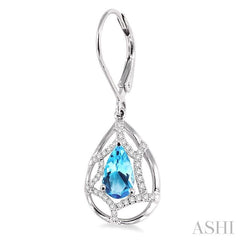 8x5 MM Pear Shape Blue Topaz and 1/4 Ctw Round Cut Diamond Semi-Precious Earrings in 14K White Gold