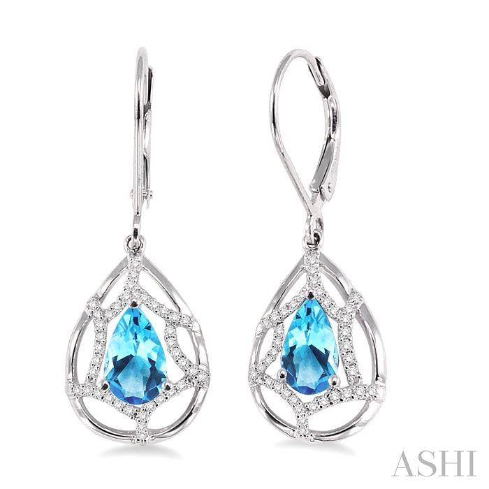 8x5 MM Pear Shape Blue Topaz and 1/4 Ctw Round Cut Diamond Semi-Precious Earrings in 14K White Gold